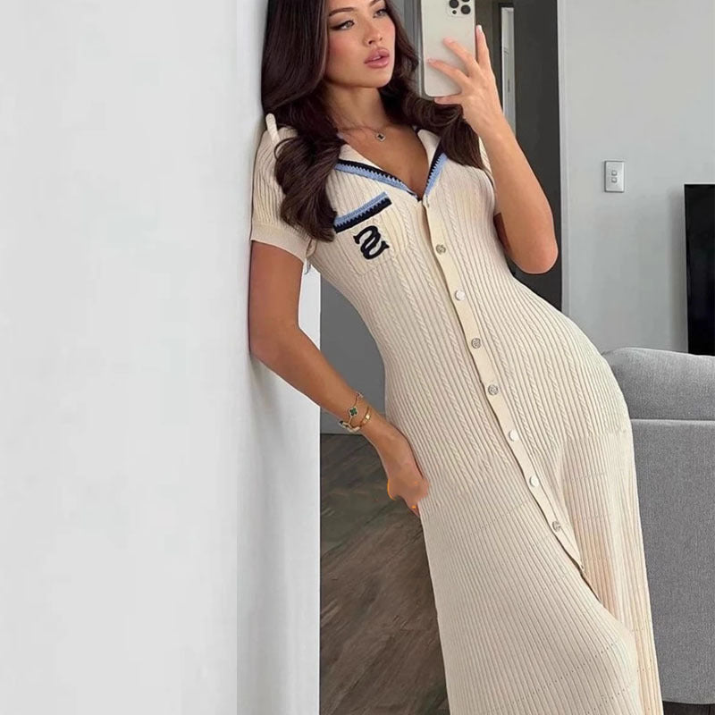 Minimally pleated knitted long skirt for women's casual slim fit V-neck camisole dress