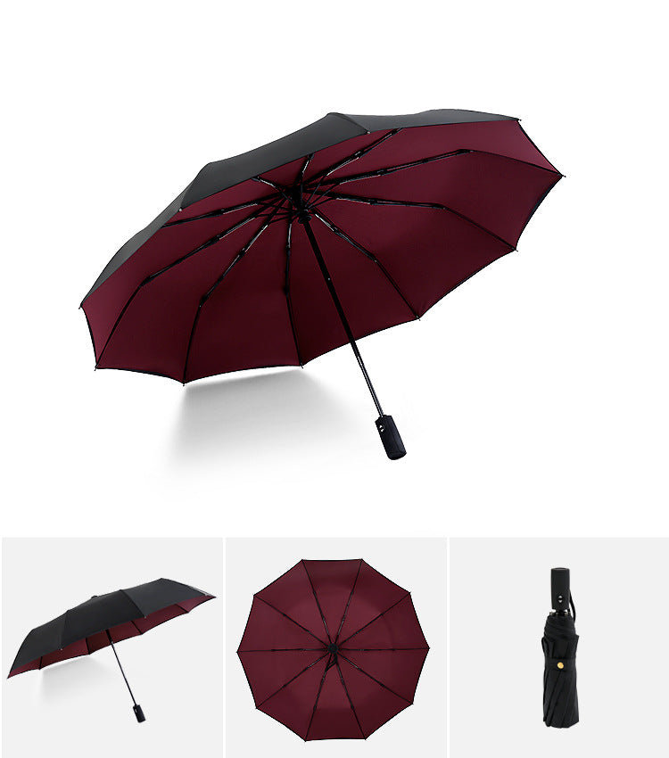 Fully automatic double-layer 10 bone rain and wind resistant triple fold men's business