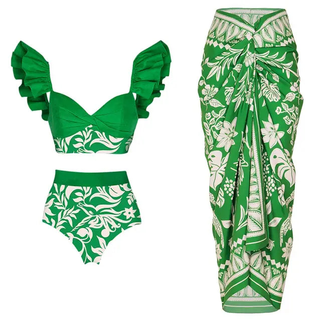 New Fashion Ruffle Green Bikini Swimsuit and Summer Swimwear Women Beachwear Bathing Suit