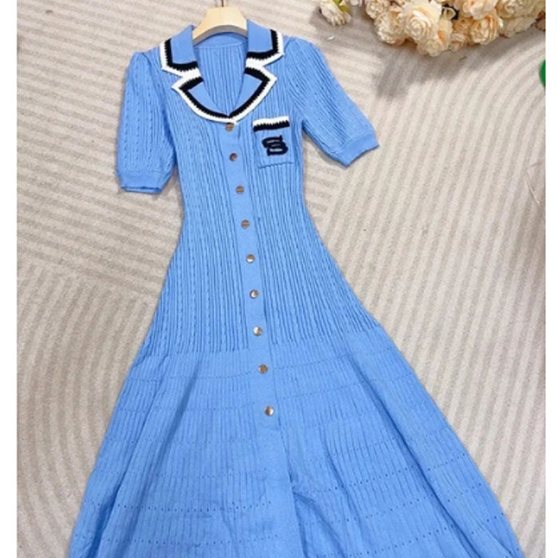 Minimally pleated knitted long skirt for women's casual slim fit V-neck camisole dress