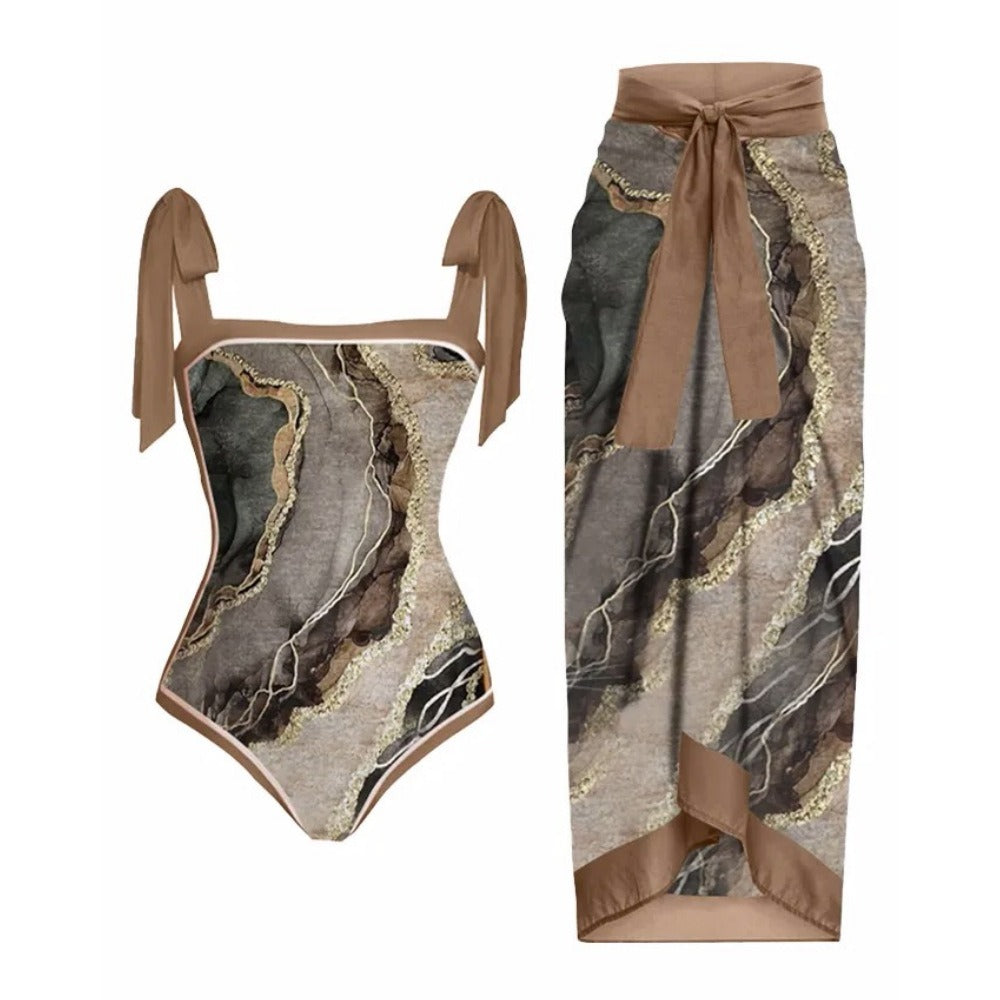 Printed one-piece swimsuit women's hot spring resort beach skirt belly-covering slimming swimsuit
