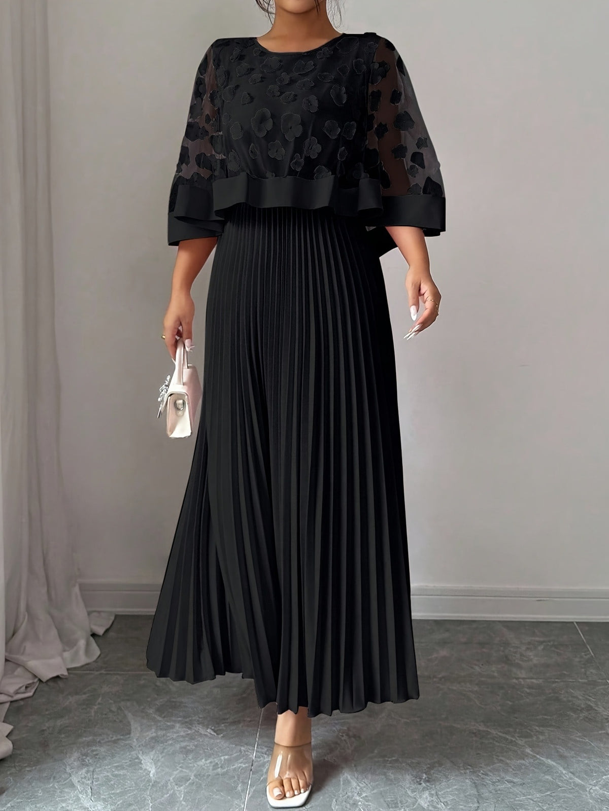 Elegant Plus Size Mesh Tulle Cape Spliced Midi Dress