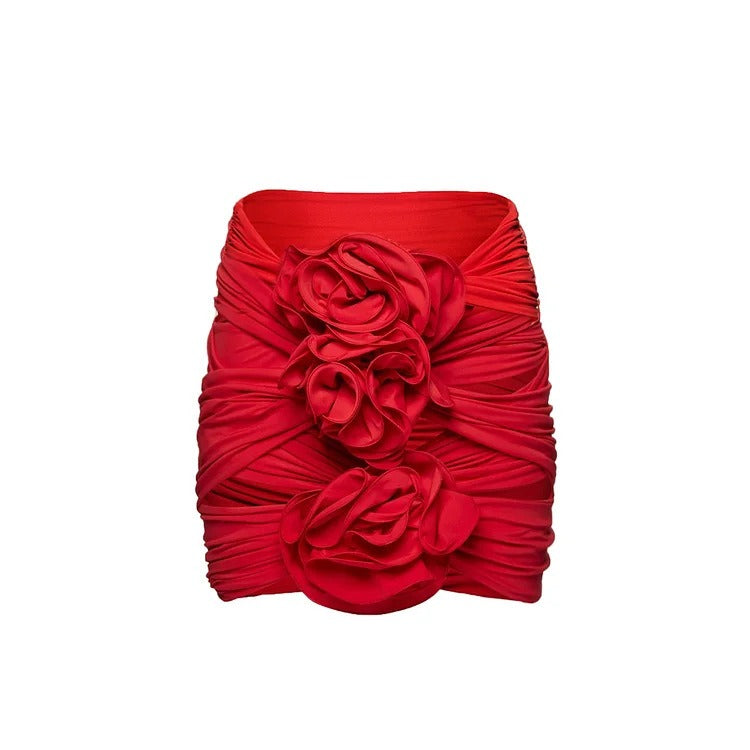 One piece swimsuit flower decoration suspender solid color sexy one piece swimsuit and skirt set