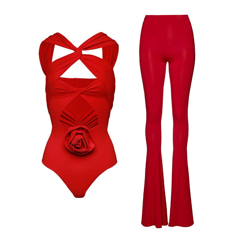 One piece swimsuit flower decoration suspender solid color sexy one piece swimsuit and skirt set