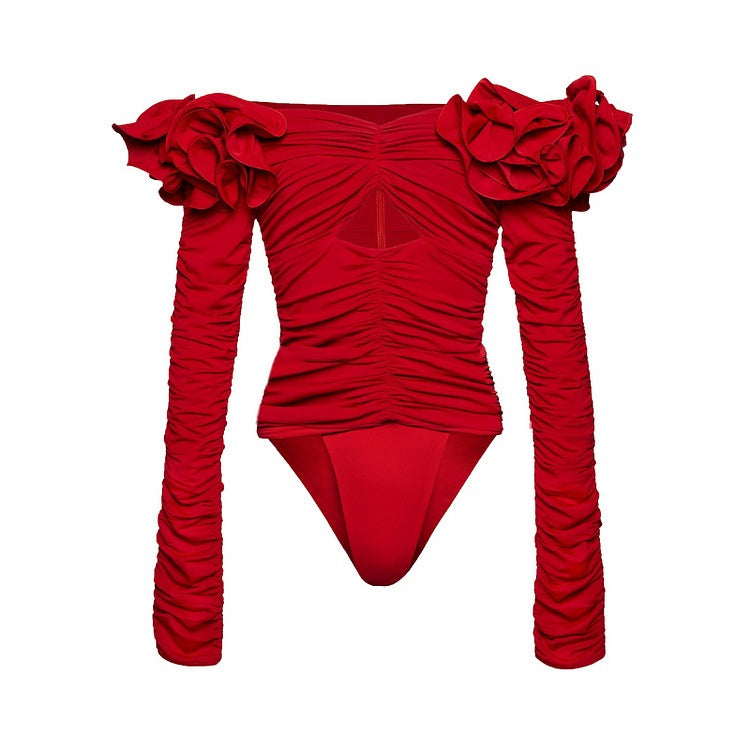 One piece swimsuit flower decoration suspender solid color sexy one piece swimsuit and skirt set