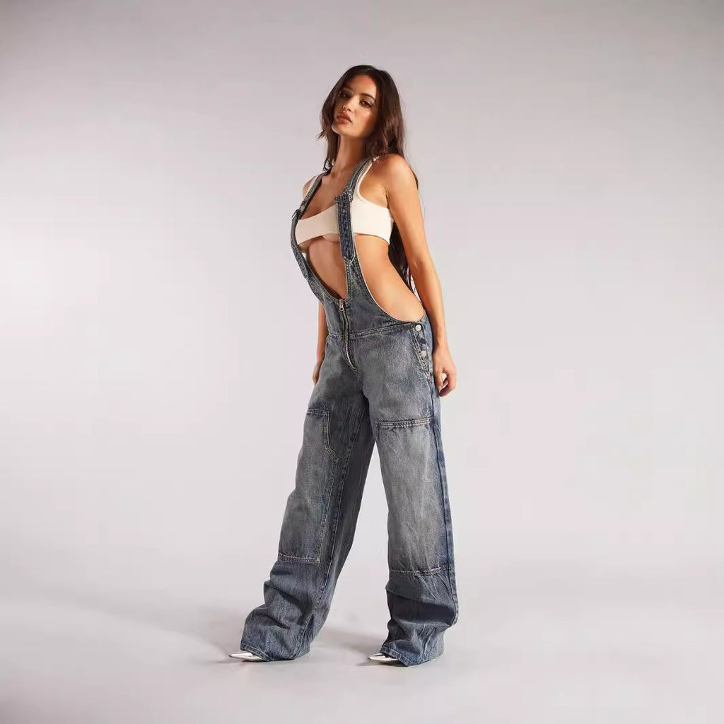 European and American zipper denim overalls women's autumn style loose casual pocket wide leg pants for women