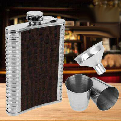Stainless Steel Hip Flask with Black Leather Effect 4 Shot Glass and Funnel