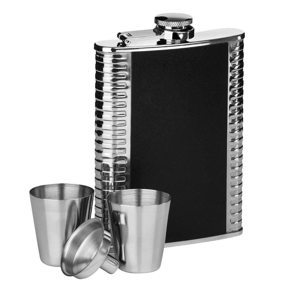 Stainless Steel Hip Flask with Black Leather Effect 4 Shot Glass and Funnel