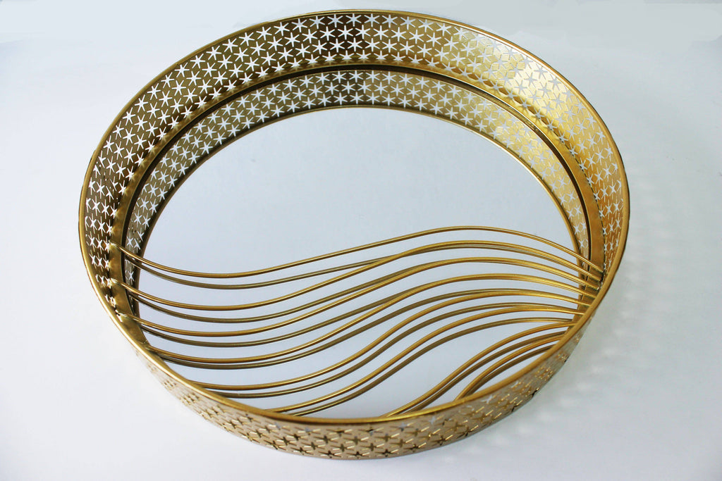 Round Golden Metal Mirror Tray Medium Size