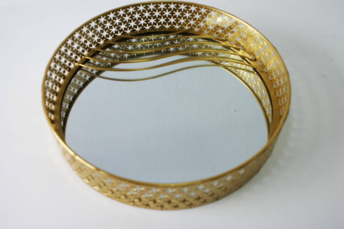 Round Golden Metal Mirror Tray Medium Size