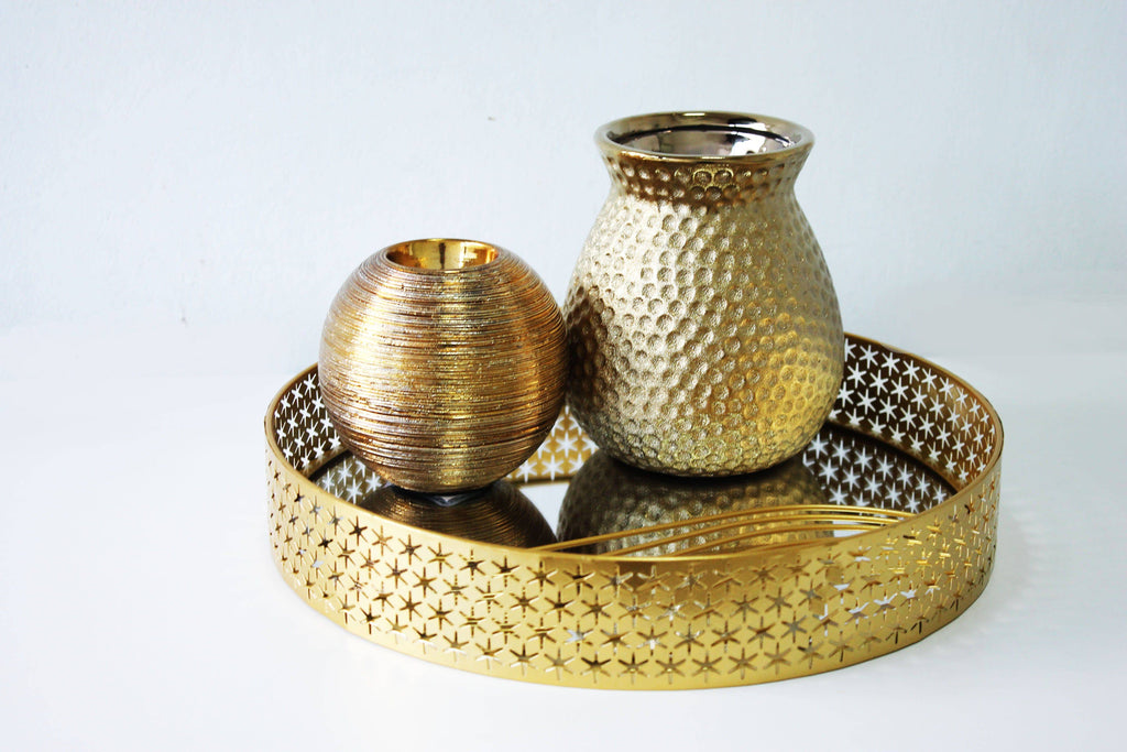 Round Golden Metal Mirror Tray Medium Size