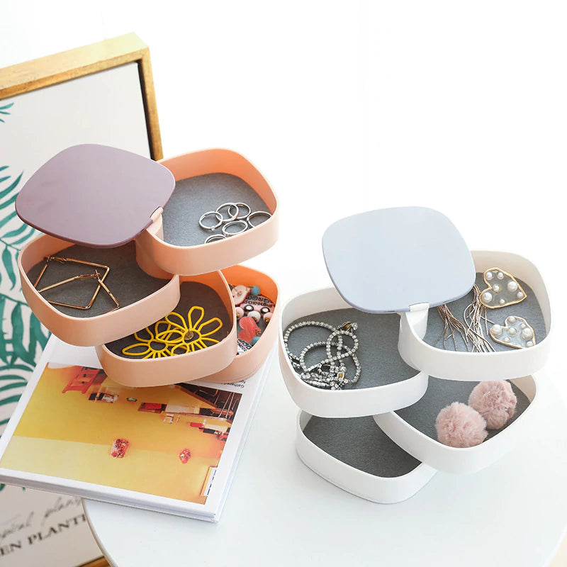 Rotary Jewelry Storage Box with Mirror Lid 4 Layer