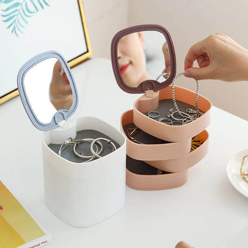 Rotary Jewelry Storage Box with Mirror Lid 4 Layer