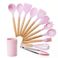 12 Pcs Bamboo Wooden Handles Silicone Kitchen Utensils-Pink