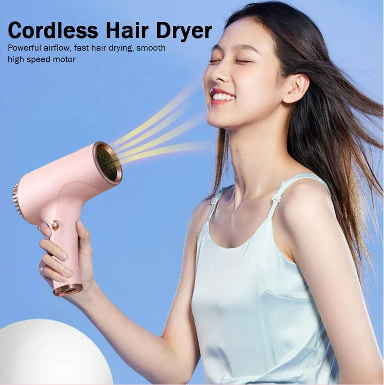 2600mAh Cordless Anion Blow Dryer Portable Hair Dryer 40/500W USB Rechargeable Powerful 2 Gears - Pink