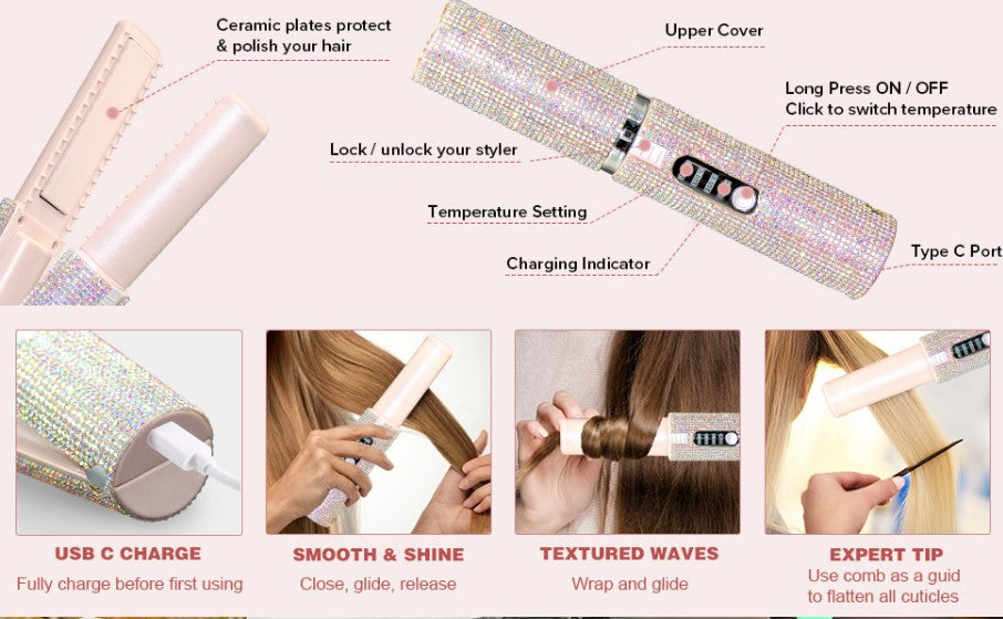 Electric USB Hair Straightening Brush Multifunctional Hair Curler Comb Styler - Black