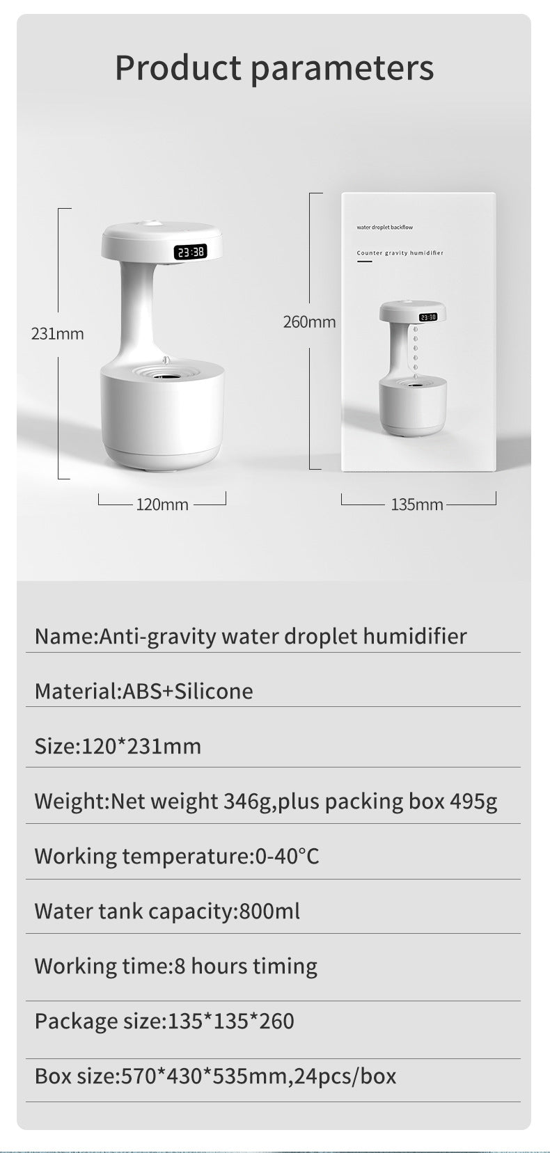 Water Drop Backflow Anti gravity Humidifier LED Time Display