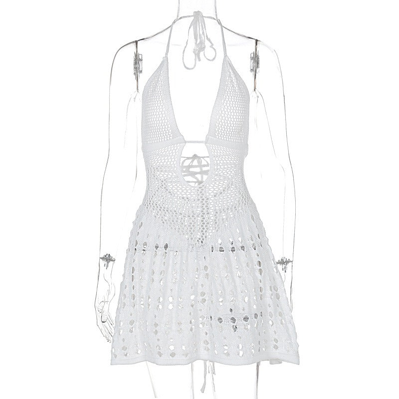 Irregular hollow lace up sexy solid color knitted dress