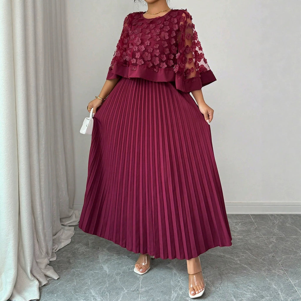 Elegant Plus Size Mesh Tulle Cape Spliced Midi Dress