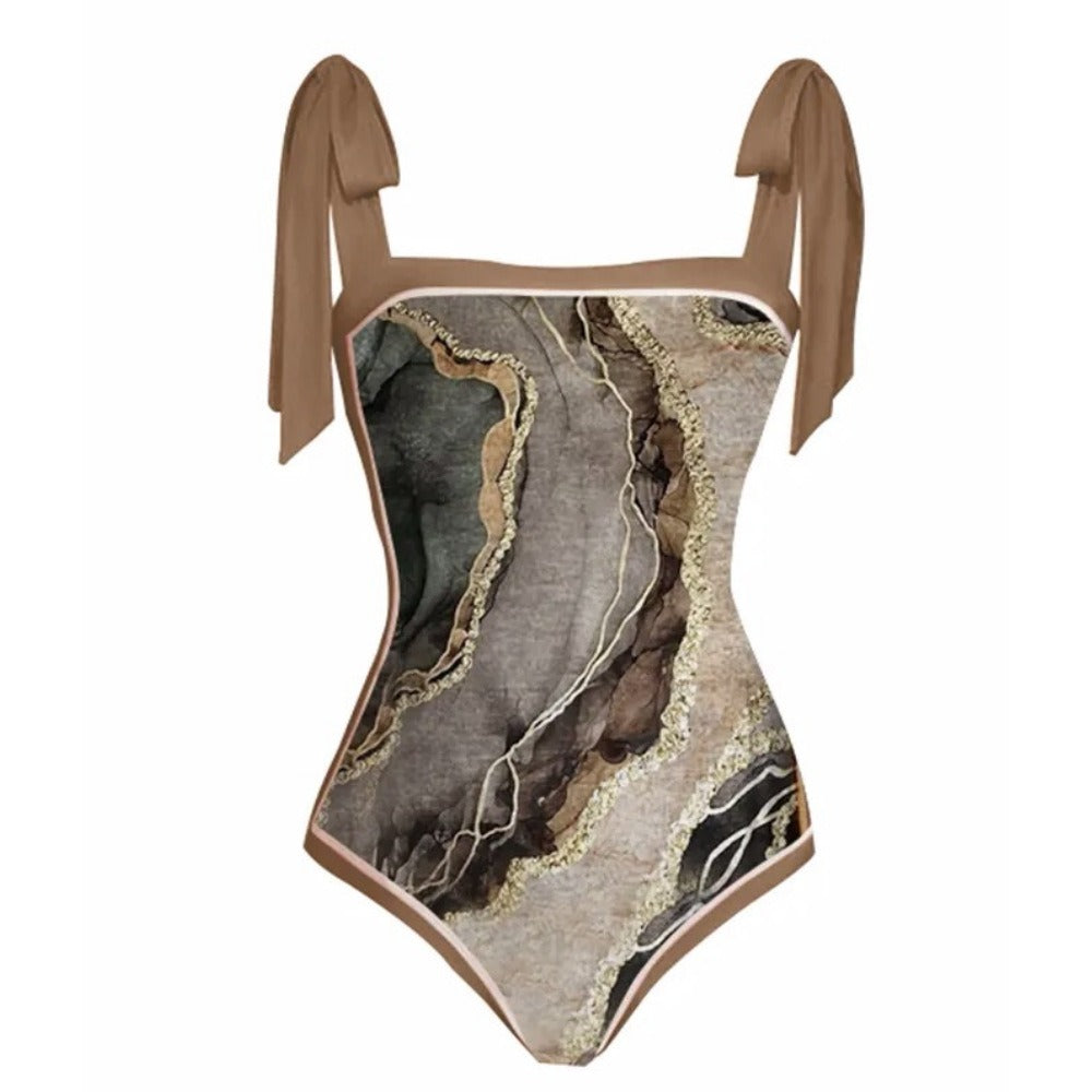 Printed one-piece swimsuit women's hot spring resort beach skirt belly-covering slimming swimsuit