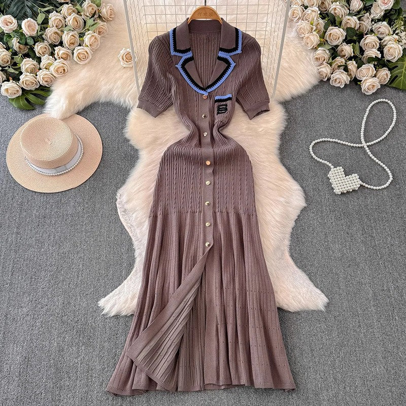 Minimally pleated knitted long skirt for women's casual slim fit V-neck camisole dress