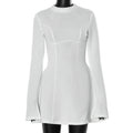 Women's solid color round neck long sleeved slim fit waist cinched A-line short skirt