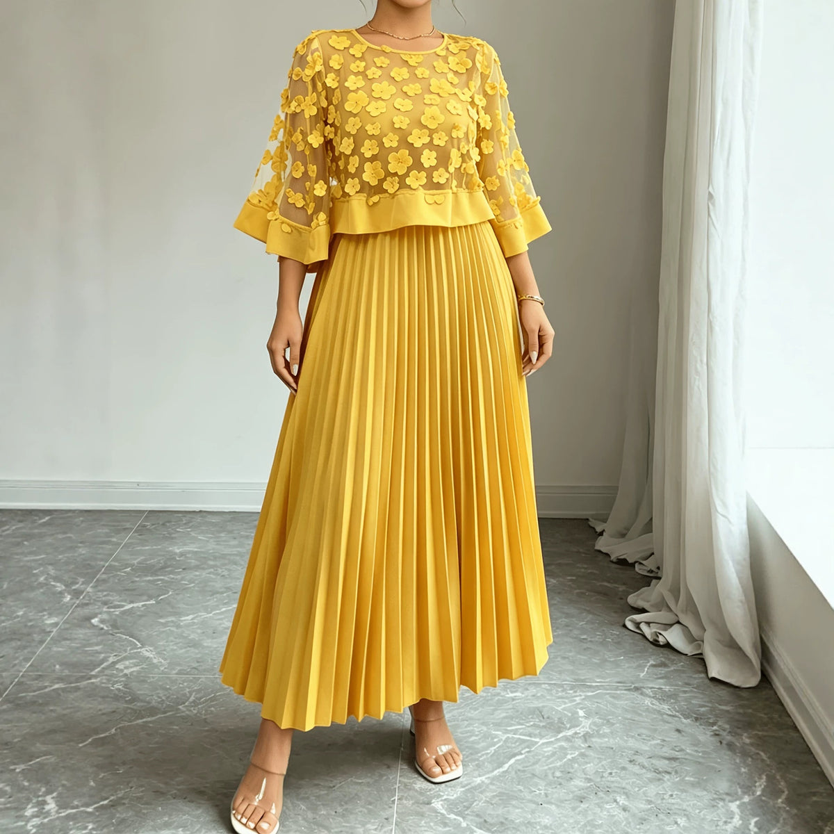 Elegant Plus Size Mesh Tulle Cape Spliced Midi Dress