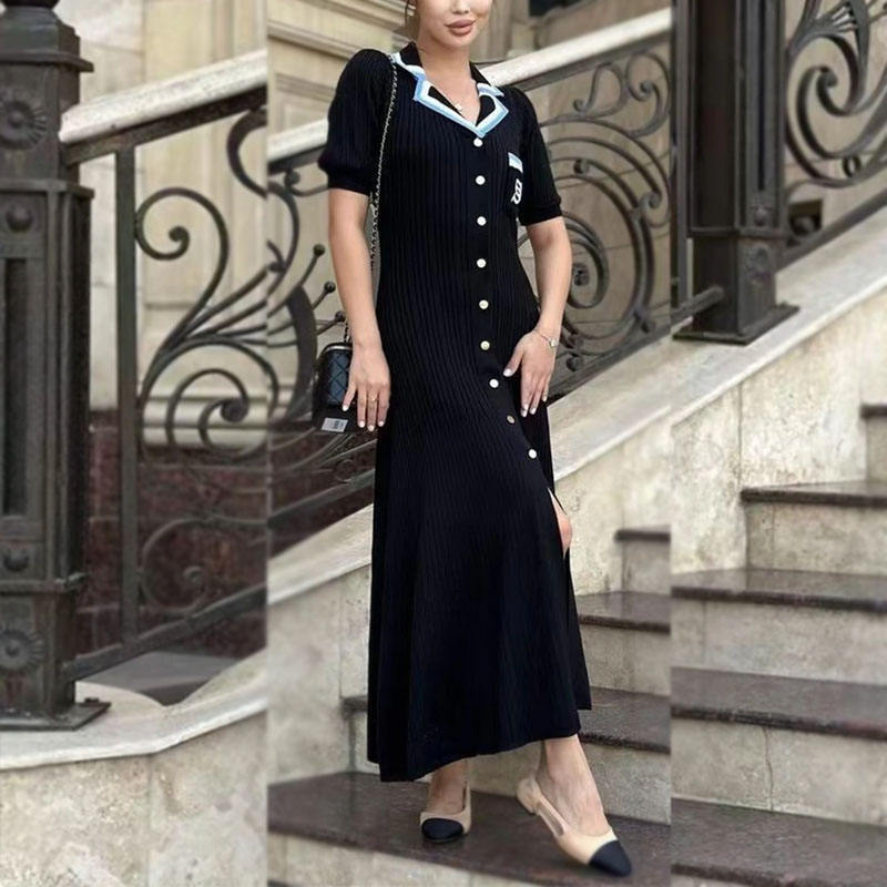 Minimally pleated knitted long skirt for women's casual slim fit V-neck camisole dress