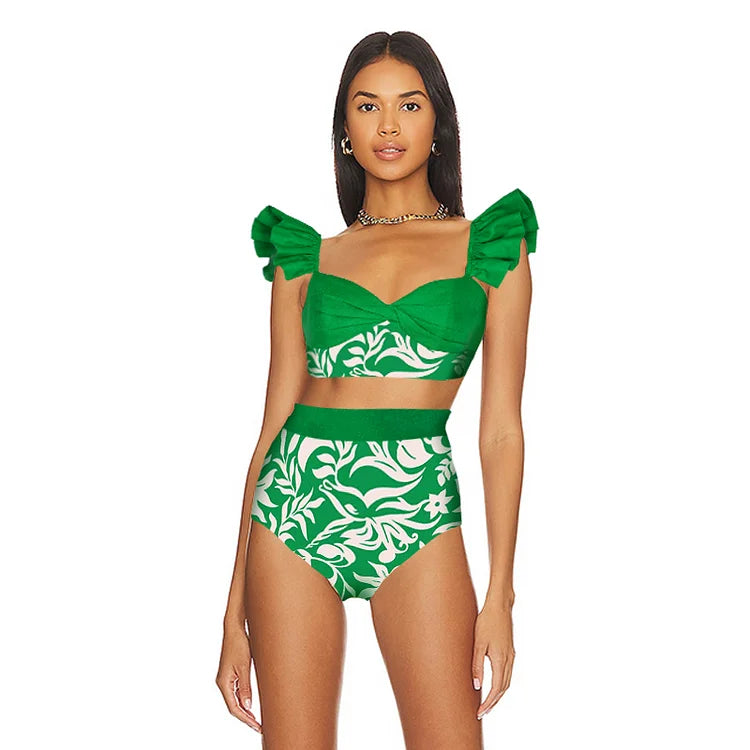 New Fashion Ruffle Green Bikini Swimsuit and Summer Swimwear Women Beachwear Bathing Suit