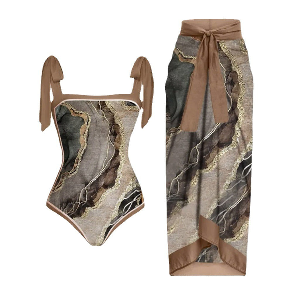 Printed one-piece swimsuit women's hot spring resort beach skirt belly-covering slimming swimsuit