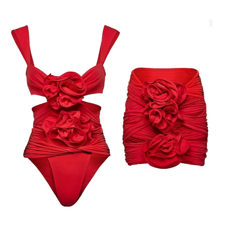 One piece swimsuit flower decoration suspender solid color sexy one piece swimsuit and skirt set