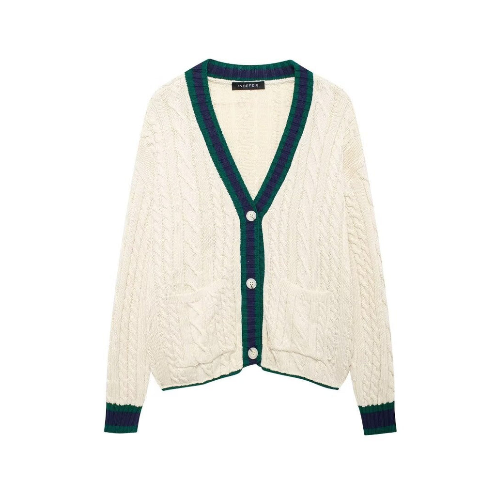 European and American autumn new style casual V-neck contrasting knitted top jacket