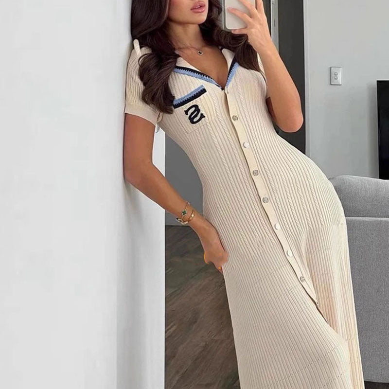 Minimally pleated knitted long skirt for women's casual slim fit V-neck camisole dress