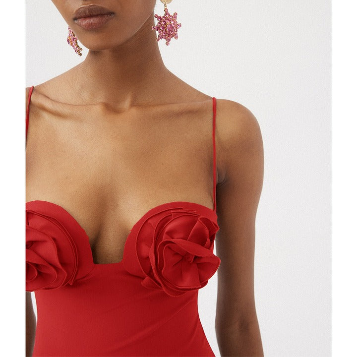 One piece swimsuit flower decoration suspender solid color sexy one piece swimsuit and skirt set