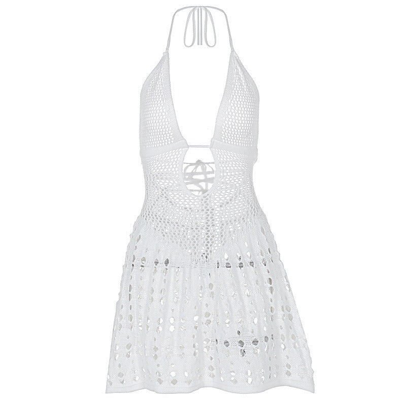Irregular hollow lace up sexy solid color knitted dress