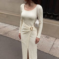 Irregular Long Sleeve Square Neck Side Slit Bodycon Maxi Dress