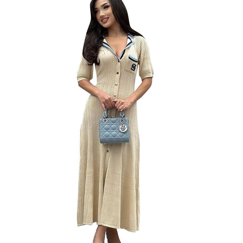 Minimally pleated knitted long skirt for women's casual slim fit V-neck camisole dress
