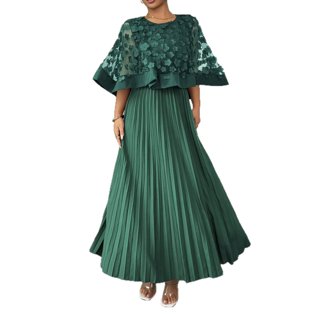 Elegant Plus Size Mesh Tulle Cape Spliced Midi Dress