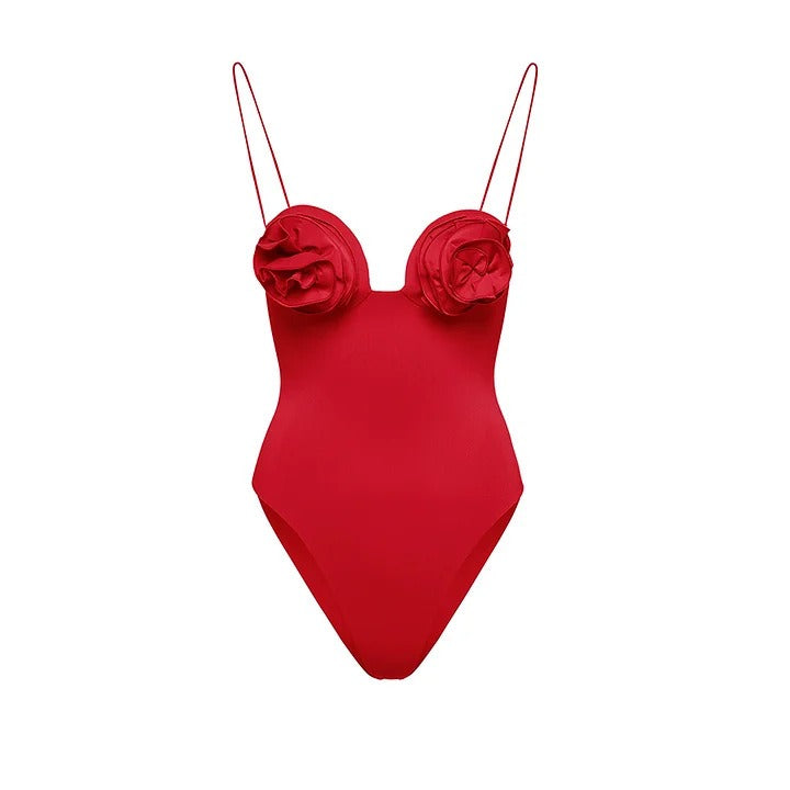 One piece swimsuit flower decoration suspender solid color sexy one piece swimsuit and skirt set
