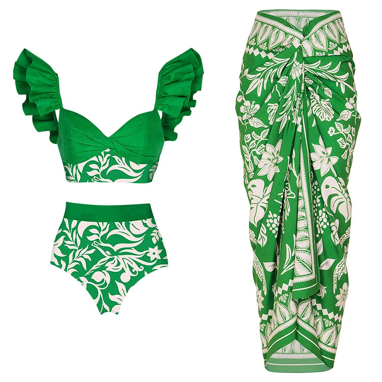 New Fashion Ruffle Green Bikini Swimsuit and Summer Swimwear Women Beachwear Bathing Suit