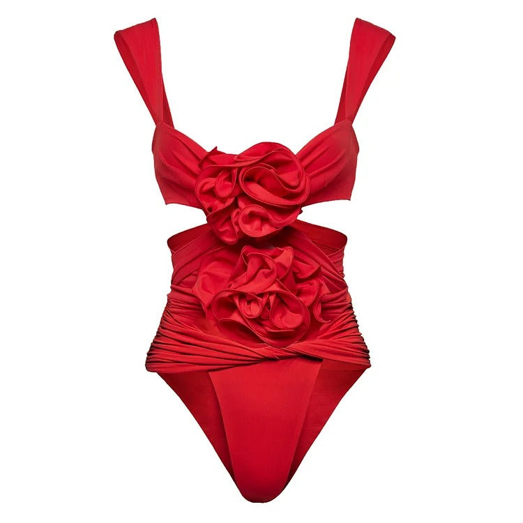 One piece swimsuit flower decoration suspender solid color sexy one piece swimsuit and skirt set