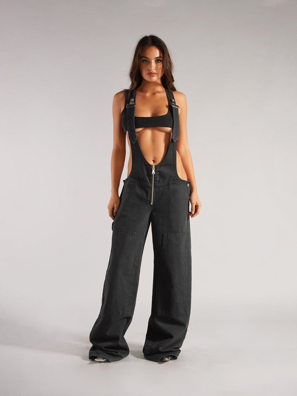 European and American zipper denim overalls women's autumn style loose casual pocket wide leg pants for women
