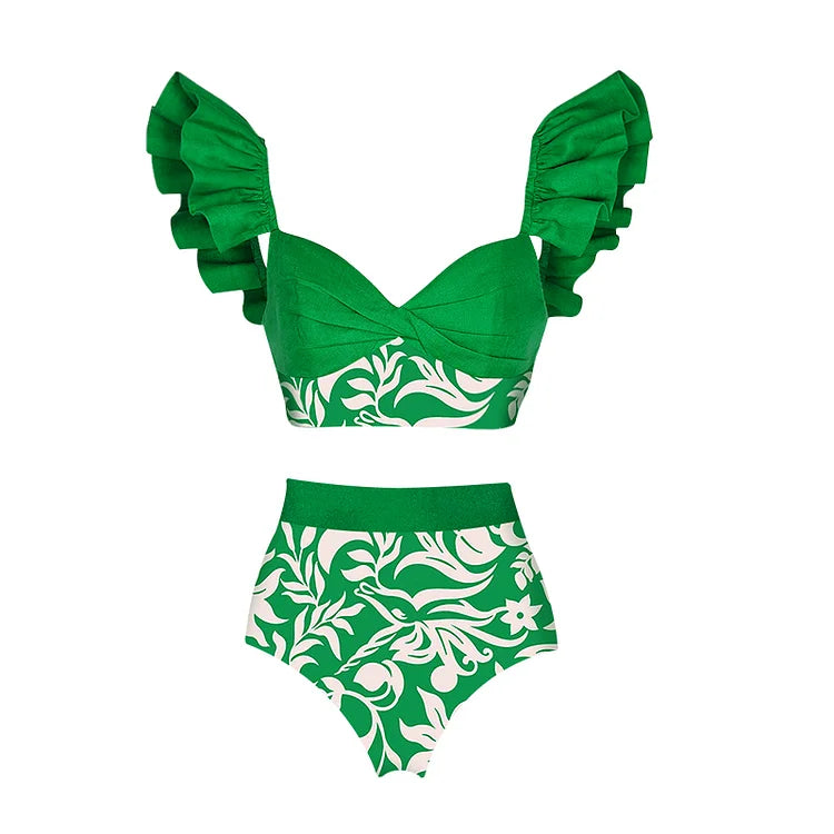 New Fashion Ruffle Green Bikini Swimsuit and Summer Swimwear Women Beachwear Bathing Suit