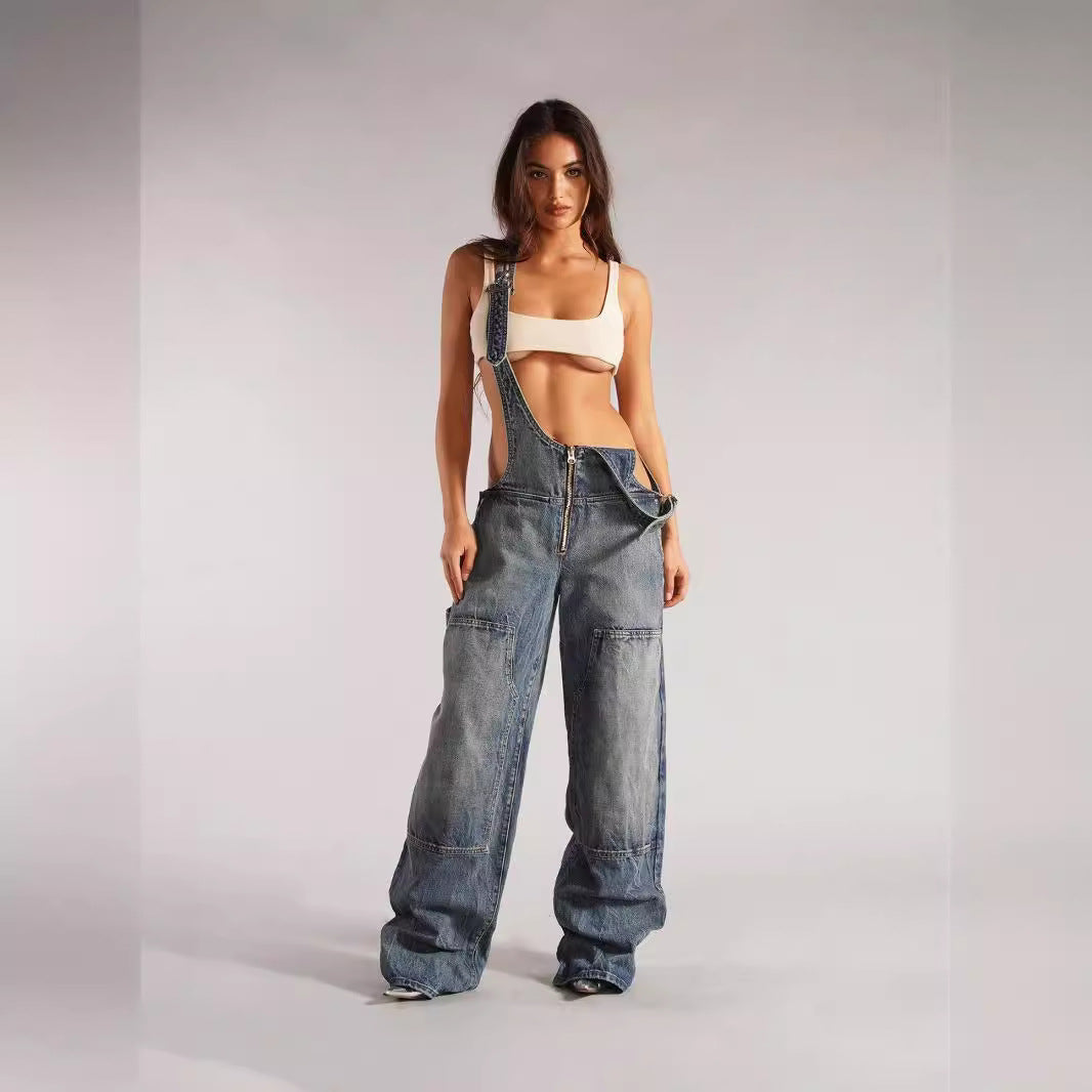 European and American zipper denim overalls women's autumn style loose casual pocket wide leg pants for women