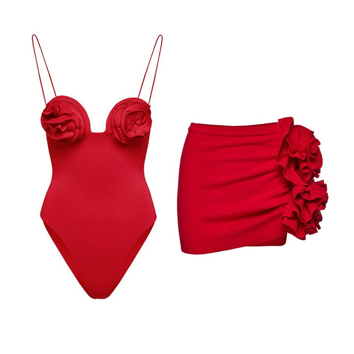 One piece swimsuit flower decoration suspender solid color sexy one piece swimsuit and skirt set