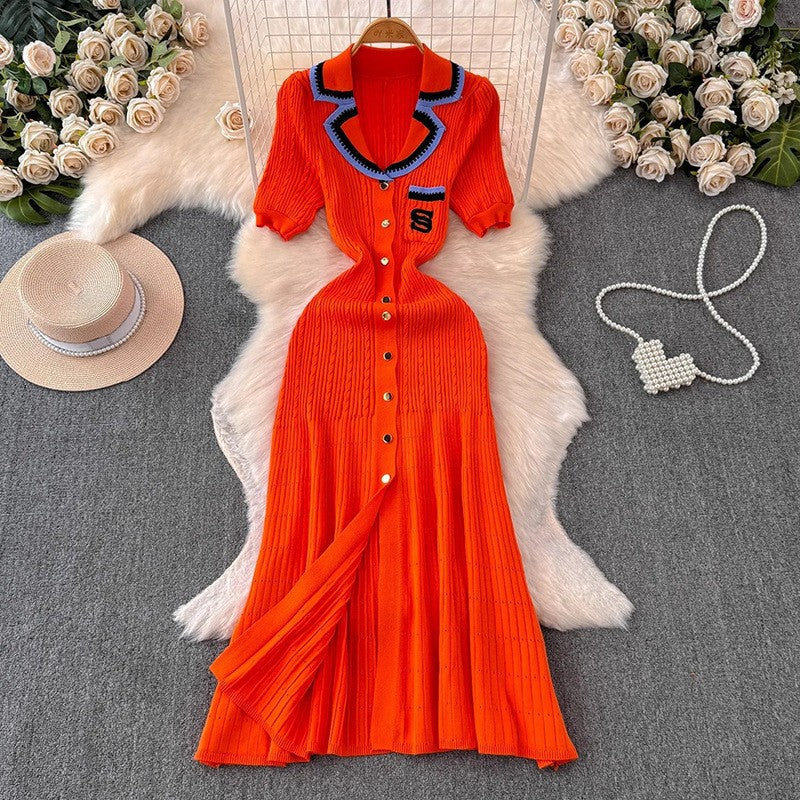 Minimally pleated knitted long skirt for women's casual slim fit V-neck camisole dress